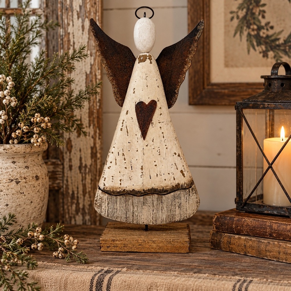 Primitive Wood Angel Figure Rusted Metal Wings Farmhouse Decor Large 15.5" Tall